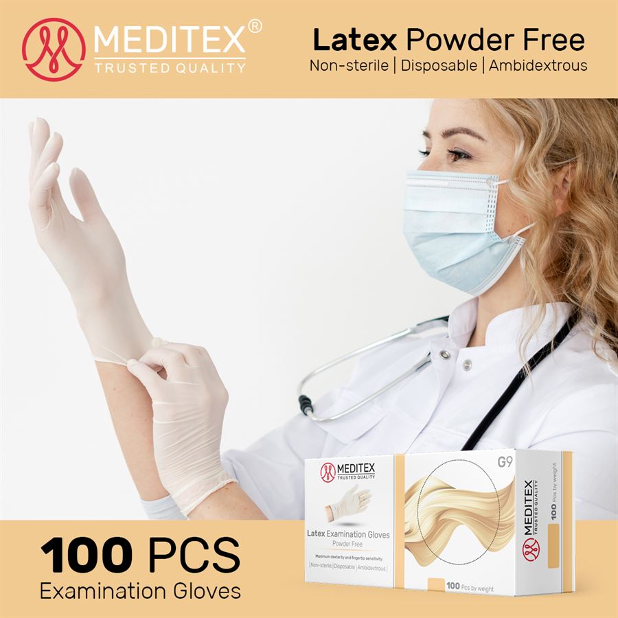 MEDITEX® (G9) DISPOSABLE EXAM POWDER FREE LATEX GLOVES WHITE COLOR 5MIL