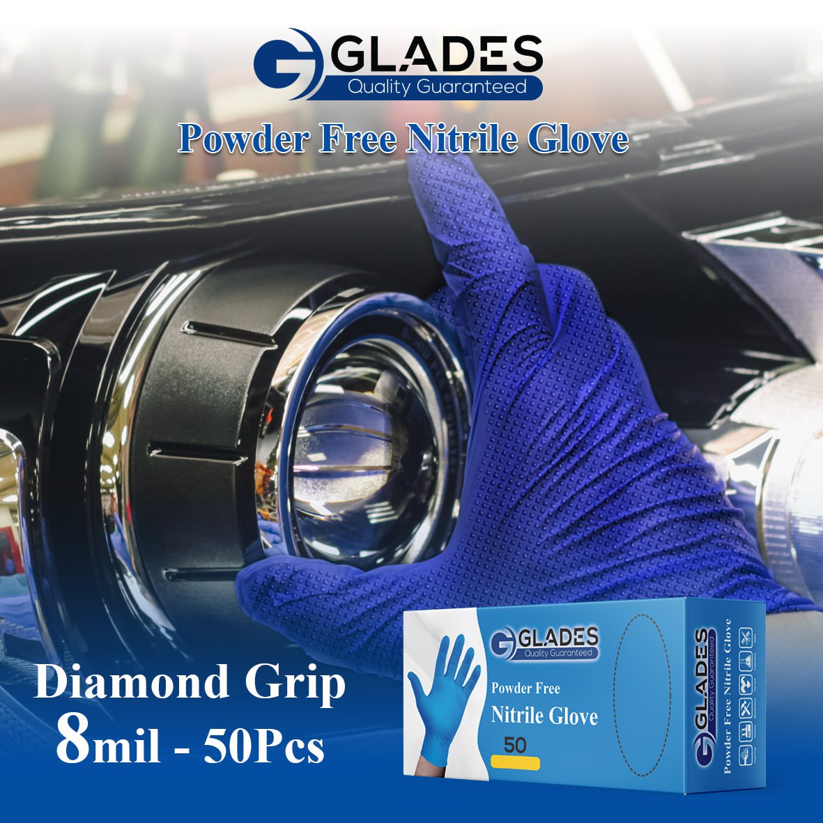 GLADES HEAVY DUTY BLUE INDUSTRIAL NITRILE GLOVES 8 MIL DIAMOND GRIP POWDER FREE