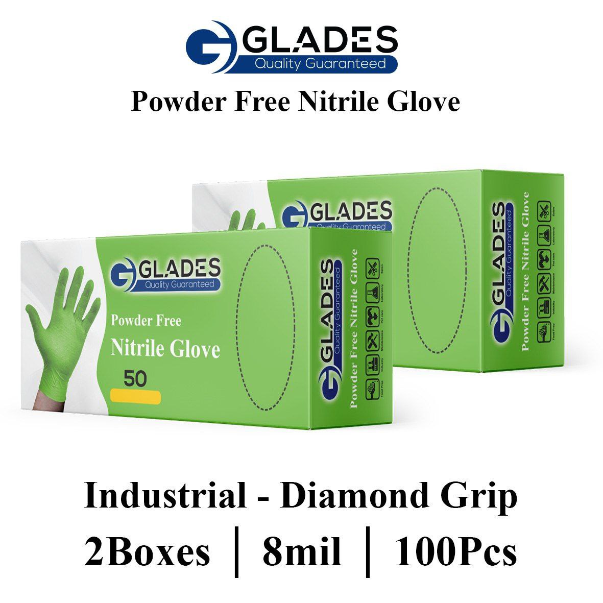 GLADES HEAVY DUTY GREEN INDUSTRIAL NITRILE GLOVES 8 MIL DIAMOND GRIP POWDER FREE