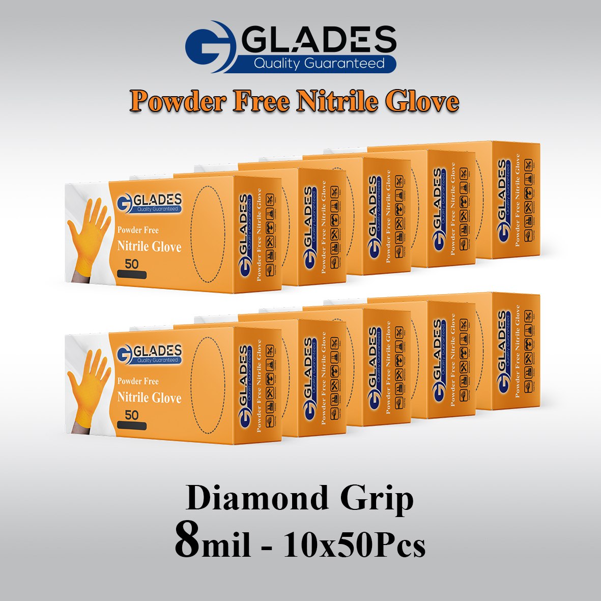 GLADES HEAVY DUTY ORANGE INDUSTRIAL NITRILE GLOVES 8 MIL DIAMOND GRIP POWDER FREE