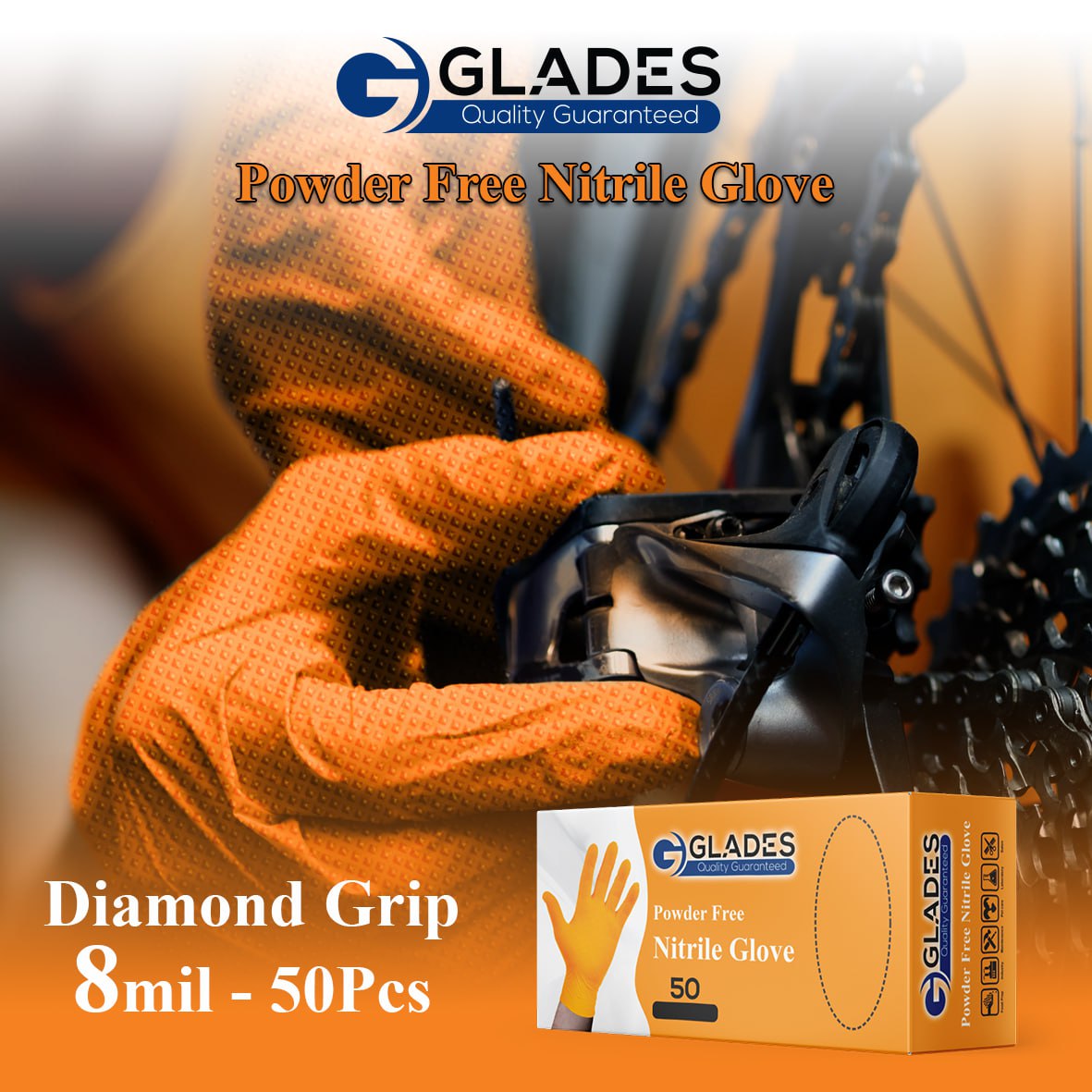 GLADES HEAVY DUTY ORANGE INDUSTRIAL NITRILE GLOVES 8 MIL DIAMOND GRIP POWDER FREE