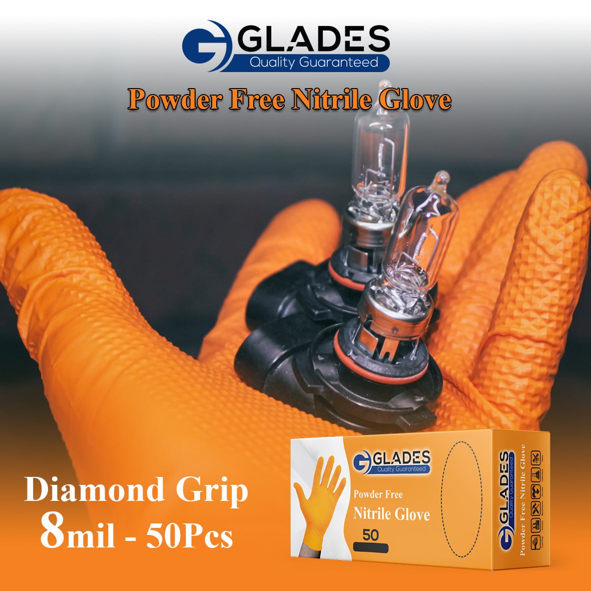 (WHOLESALE) GLADES HEAVY DUTY ORANGE INDUSTRIAL NITRILE GLOVES 8 MIL DIAMOND GRIP POWDER FREE