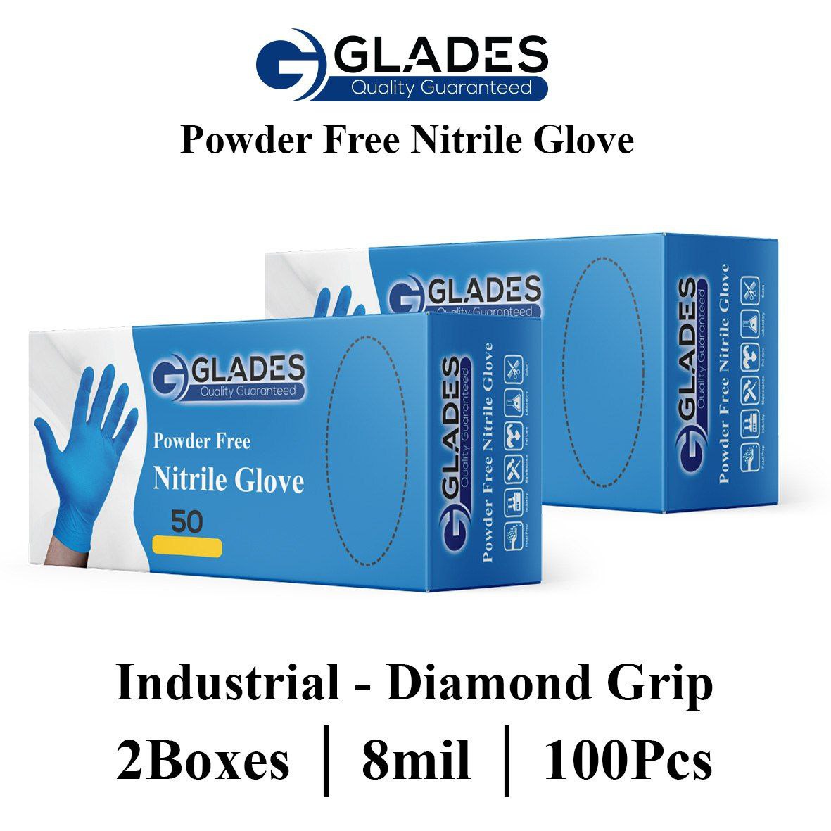 GLADES HEAVY DUTY BLUE INDUSTRIAL NITRILE GLOVES 8 MIL DIAMOND GRIP POWDER FREE
