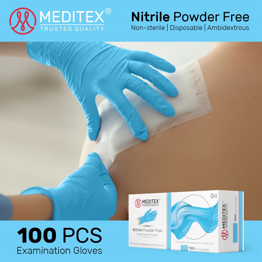 (WHOLESALE) MEDITEX (G4) DISPOSABLE EXAM NITRILE GLOVES BLUE COLOR POWDER FREE LATEX FREE 4MIL