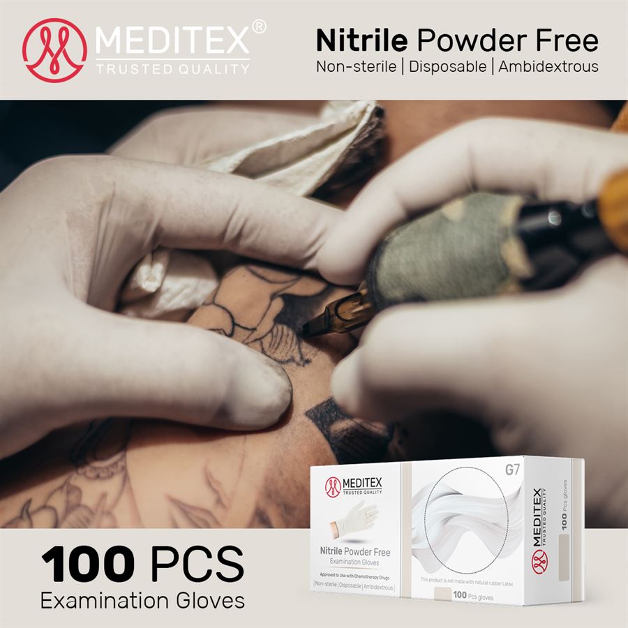 (WHOLESALE) MEDITEX (G7) DISPOSABLE CHEMO-RATED EXAM NITRILE GLOVES WHITE COLOR POWDER FREE LATEX FREE 4MIL