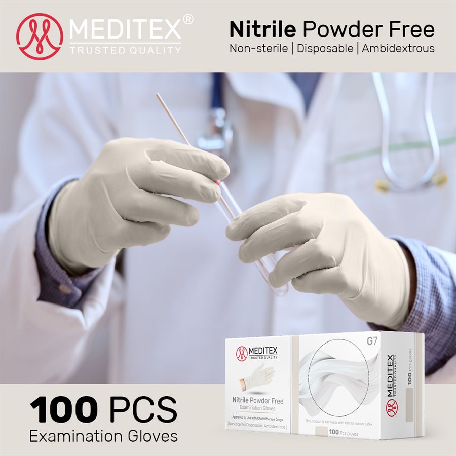 MEDITEX® (G7) DISPOSABLE CHEMO-RATED EXAM NITRILE GLOVES WHITE COLOR POWDER FREE LATEX FREE 4MIL