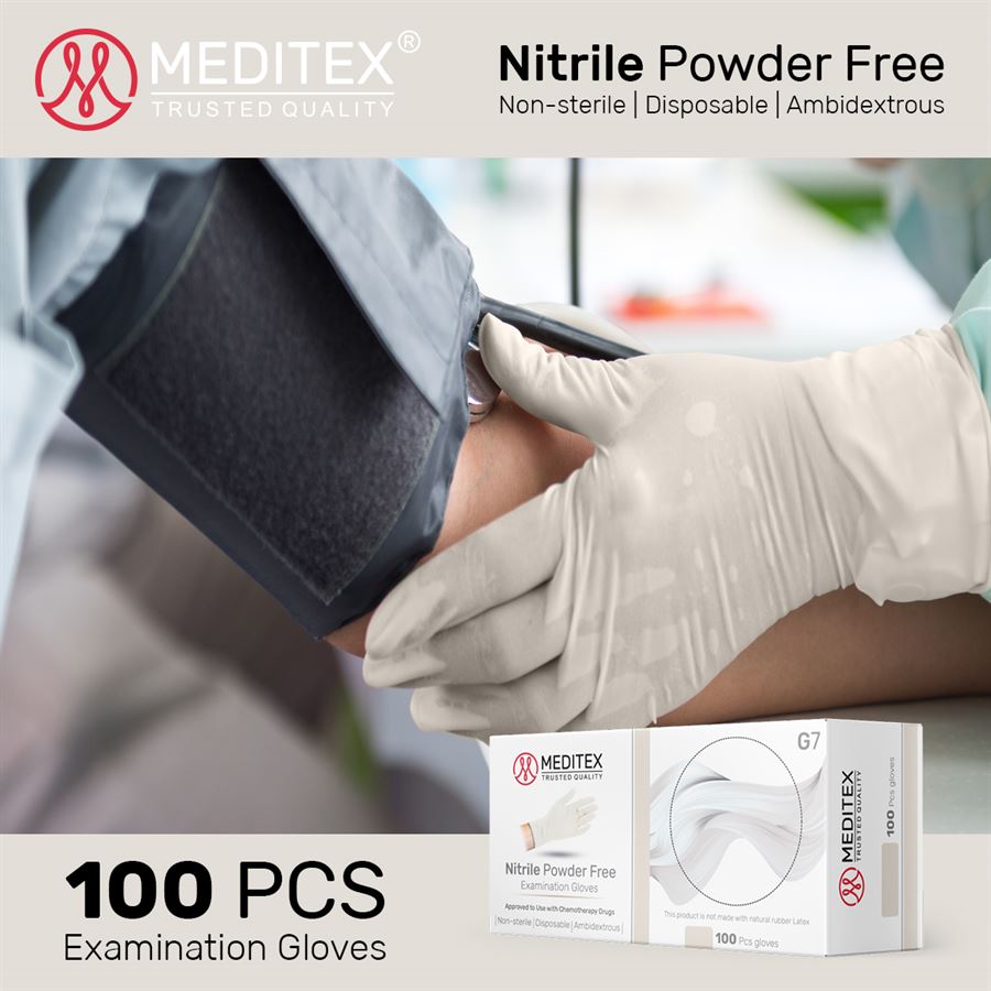 MEDITEX® (G7) DISPOSABLE CHEMO-RATED EXAM NITRILE GLOVES WHITE COLOR POWDER FREE LATEX FREE 4MIL