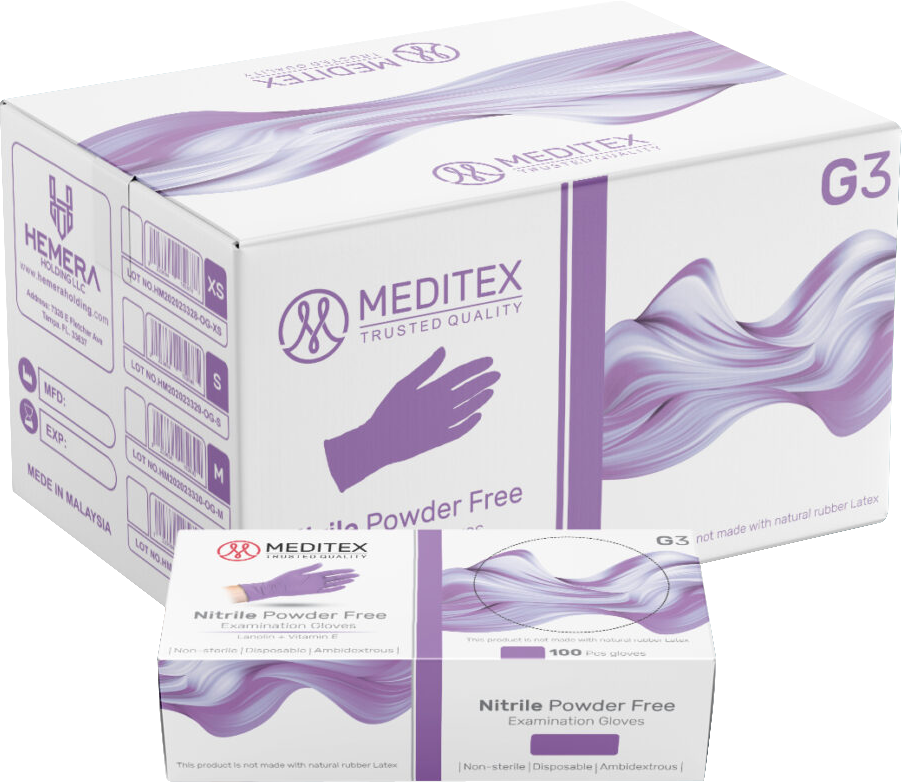 MEDITEX® (G3) DISPOSABLE EXAM NITRILE GLOVES PURPLE COLOR POWDER FREE LATEX FREE 4MIL