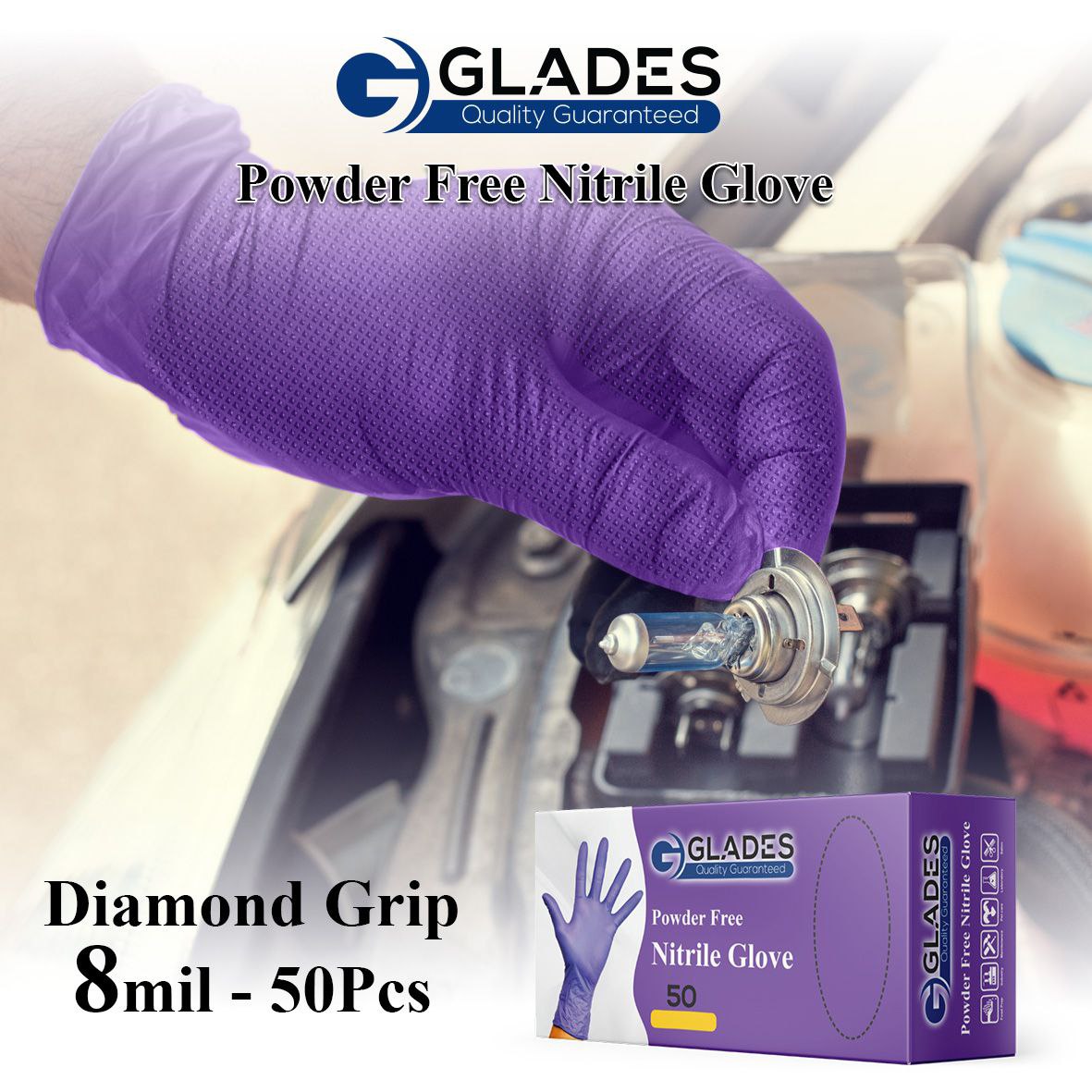 GLADES HEAVY DUTY PURPLE INDUSTRIAL NITRILE GLOVES 8 MIL DIAMOND GRIP POWDER FREE