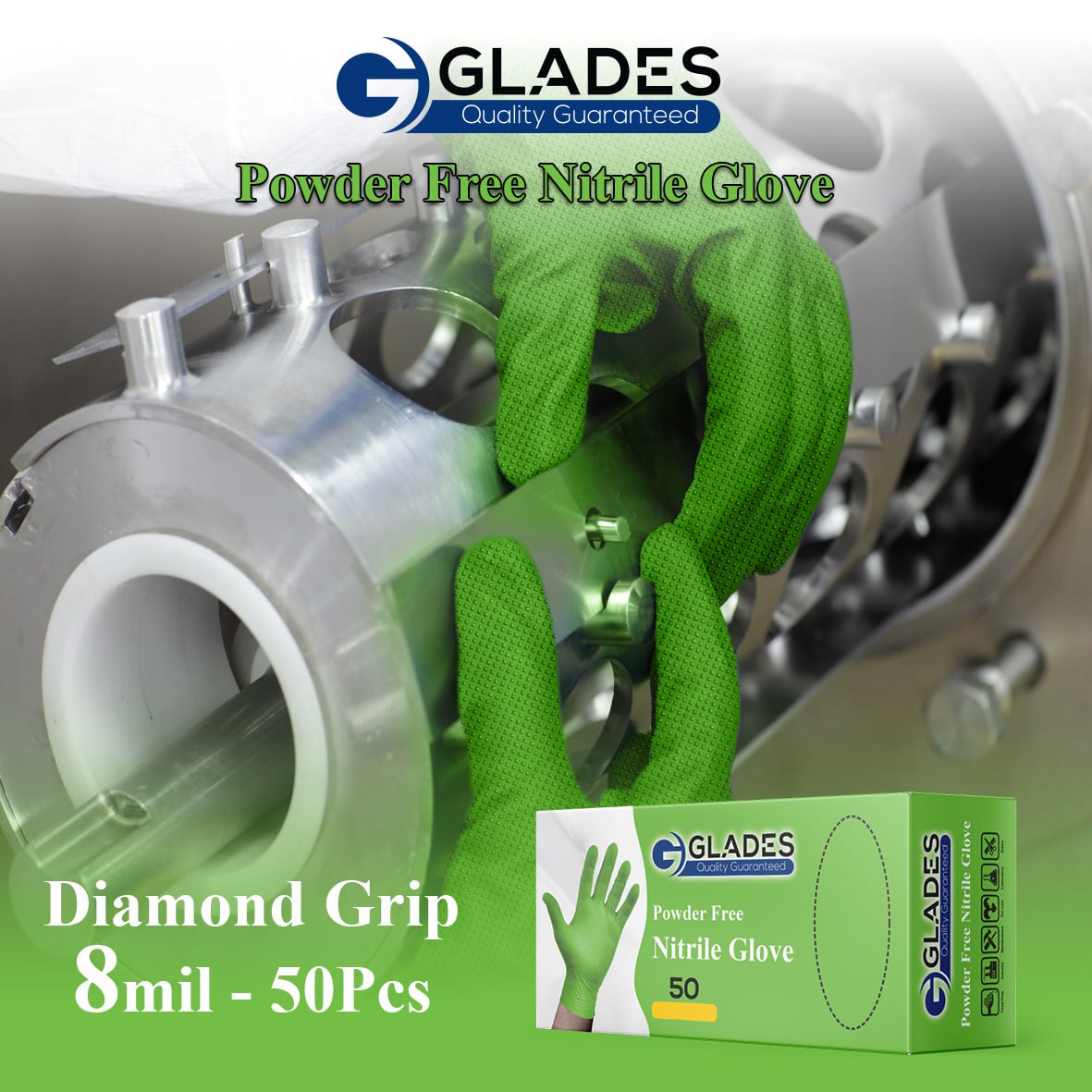 (WHOLESALE) GLADES HEAVY DUTY GREEN INDUSTRIAL NITRILE GLOVES 8 MIL DIAMOND GRIP POWDER FREE