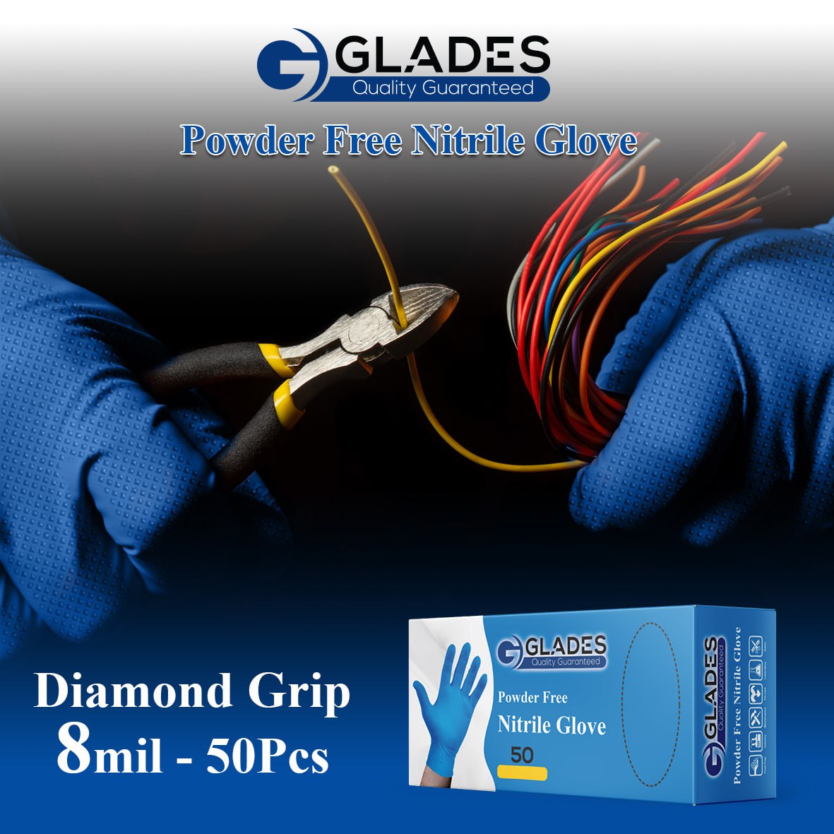 (WHOLESALE) GLADES HEAVY DUTY BLUE INDUSTRIAL NITRILE GLOVES 8 MIL DIAMOND GRIP POWDER FREE