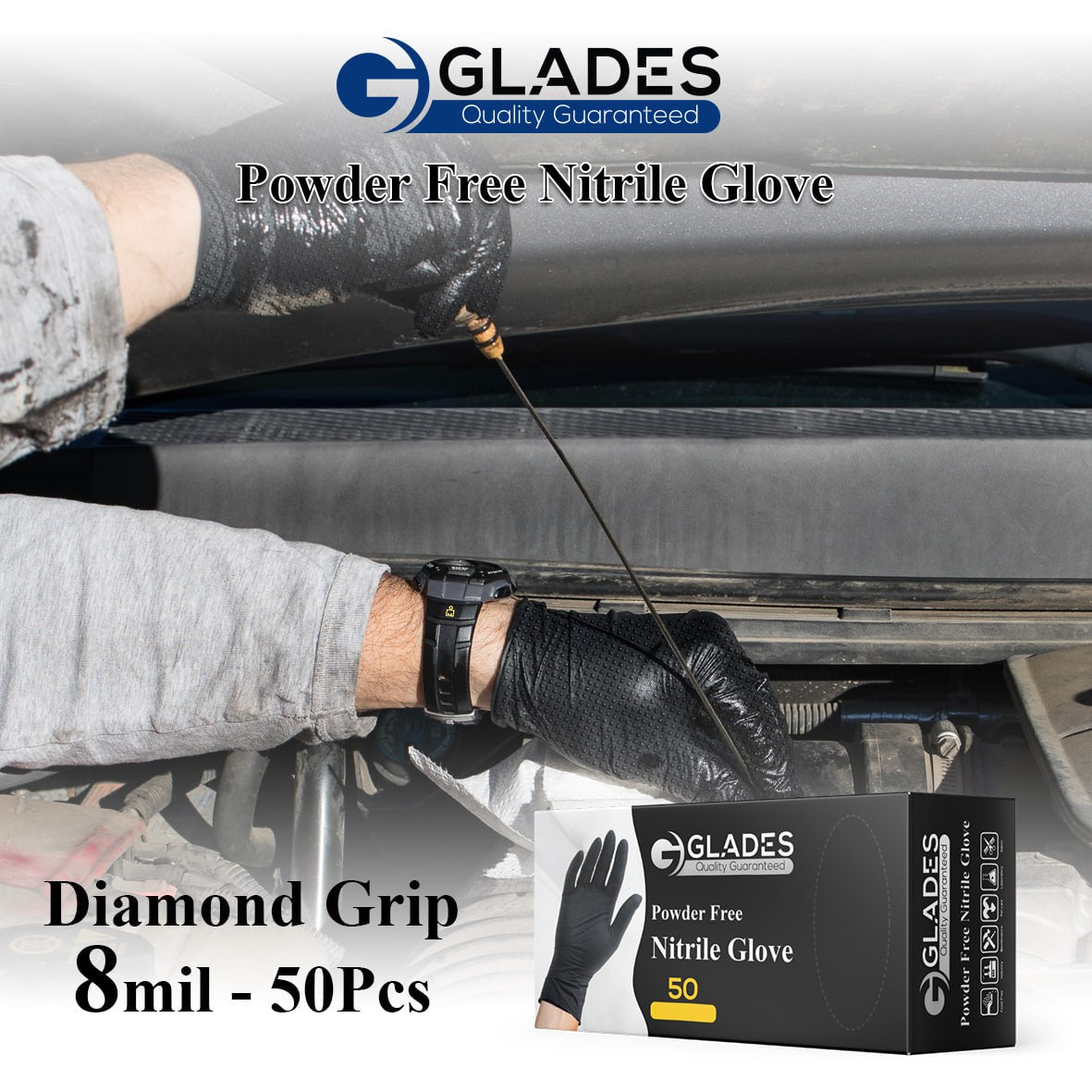 GLADES HEAVY DUTY BLACK INDUSTRIAL NITRILE GLOVES 8 MIL DIAMOND GRIP POWDER FREE