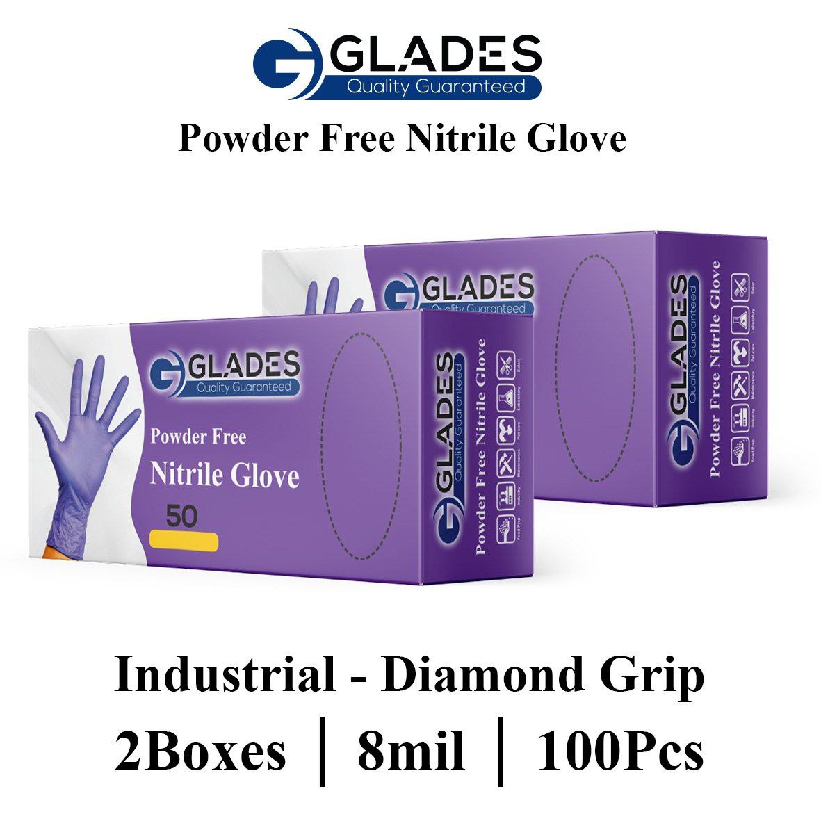 GLADES HEAVY DUTY PURPLE INDUSTRIAL NITRILE GLOVES 8 MIL DIAMOND GRIP POWDER FREE