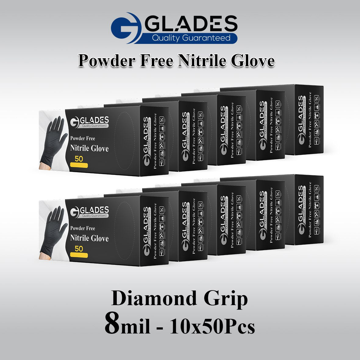 GLADES HEAVY DUTY BLACK INDUSTRIAL NITRILE GLOVES 8 MIL DIAMOND GRIP POWDER FREE