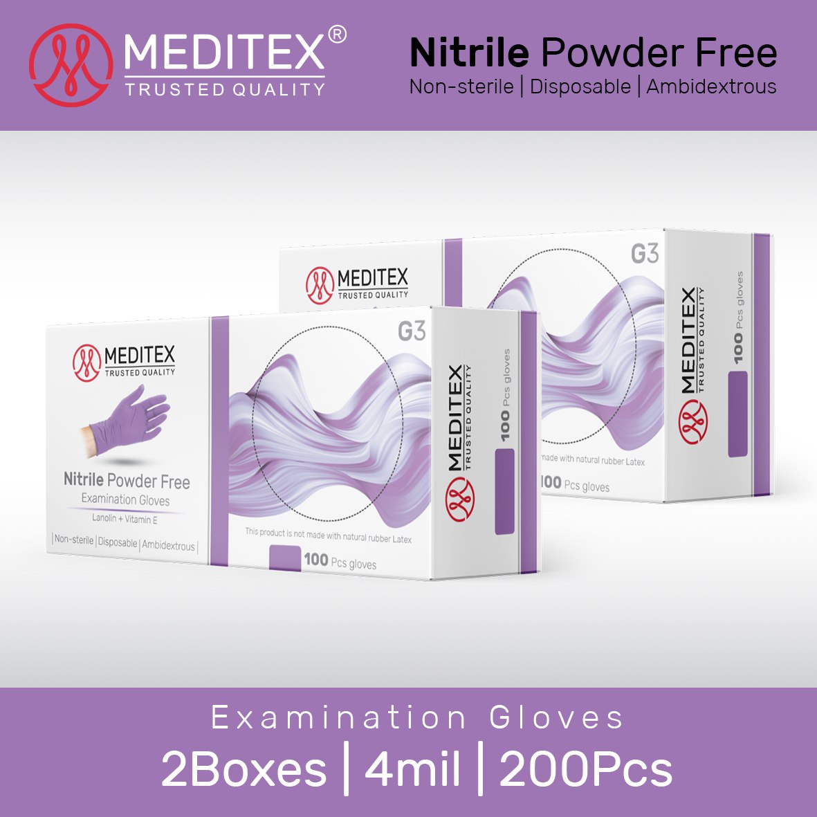 MEDITEX® (G3) DISPOSABLE EXAM NITRILE GLOVES PURPLE COLOR POWDER FREE LATEX FREE 4MIL