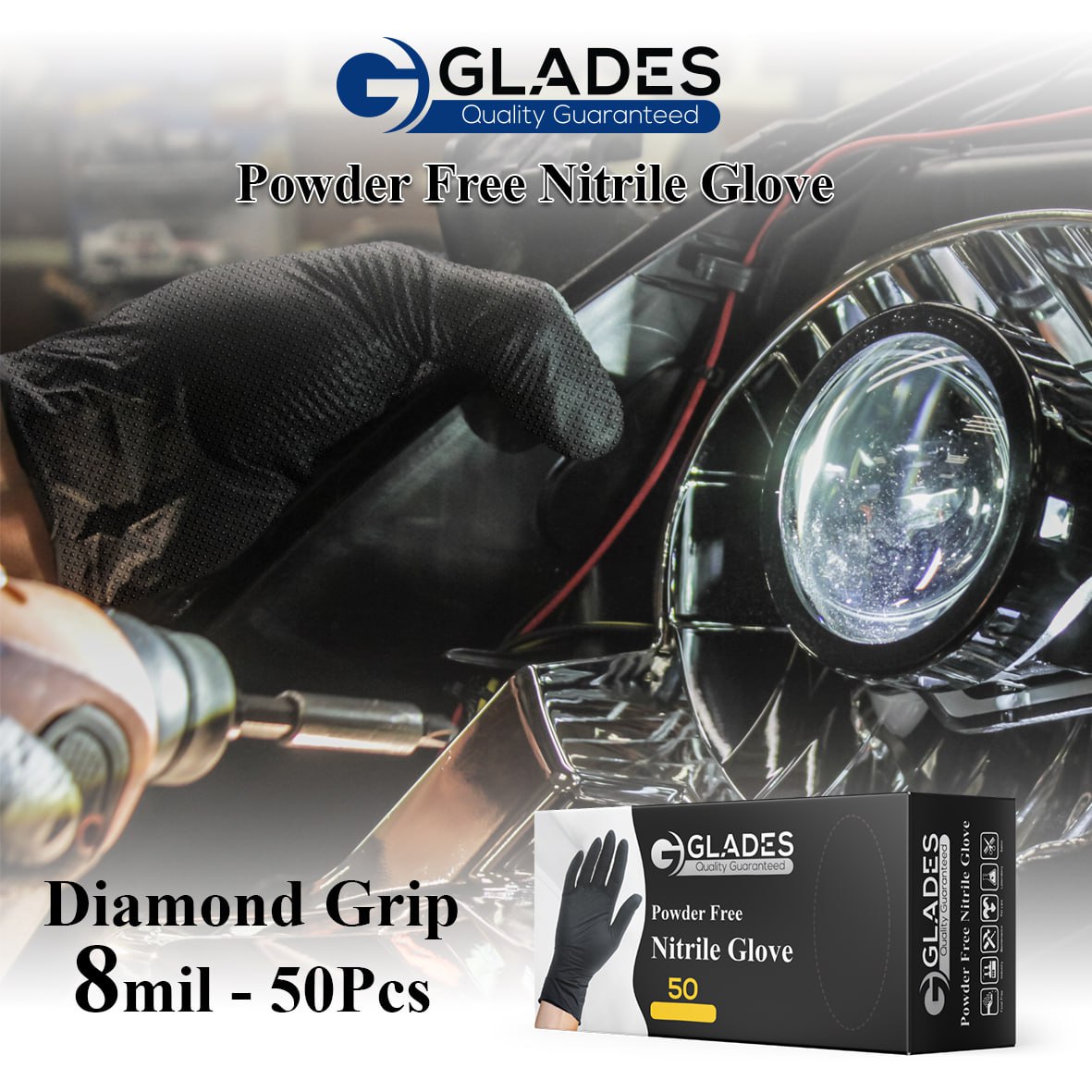 (WHOLESALE) GLADES HEAVY DUTY BLACK INDUSTRIAL NITRILE GLOVES 8 MIL DIAMOND GRIP POWDER FREE